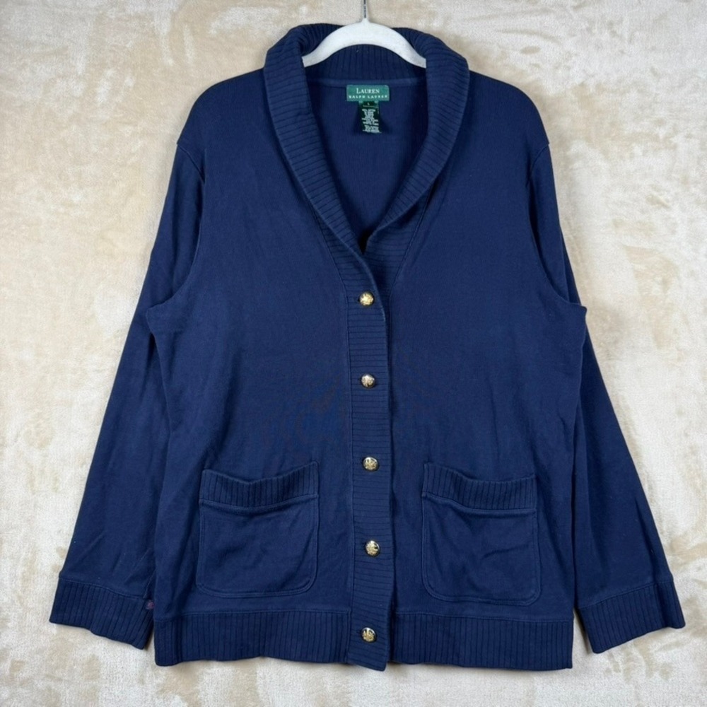 Lauren Ralph Lauren Navy Blue Cotton Shawl Collar Cardigan Gold Crest Buttons L